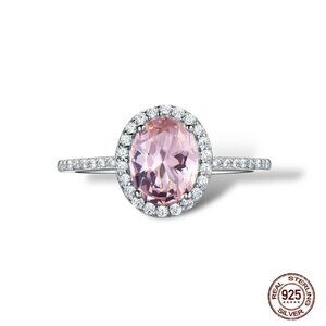 NWT Pink Sapphire Ring Sz.8 S925 Silver Halo Oval Solitaire Quiet Luxury Glam